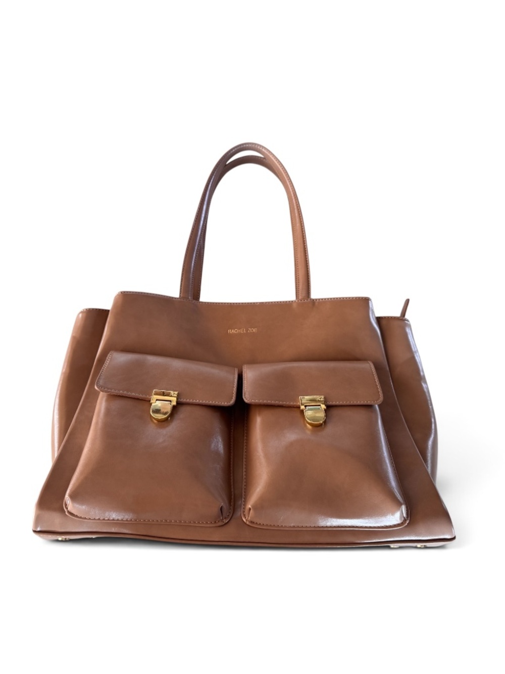 Rachel Zoe Cognac Faux Leather Tote Bag Gold Hardware Large Satchel